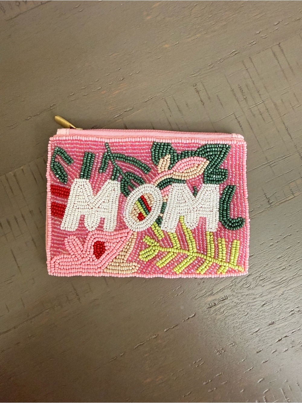 Beaded 'MOM' Coin Purse in Pink with Green Accents